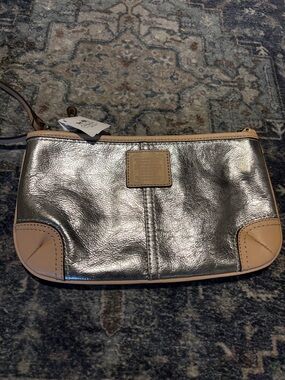 Coach Metallic Silver Wristlet with Beige Trim